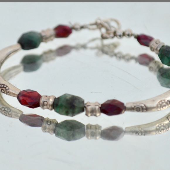 Genuine Emerald Garnet Sterling Silver Bracelet - Picture 5 of 7